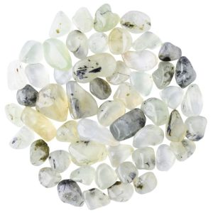 A collection of prehnite tumbled stones colours range from clear to greenish gray.