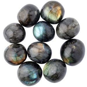collection of labradorite pebbles. showing the iridescent colours of blue gold green