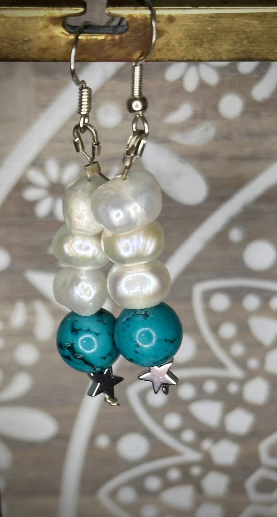 Freshwater pearls, Turquoise bead and hematite star earrings