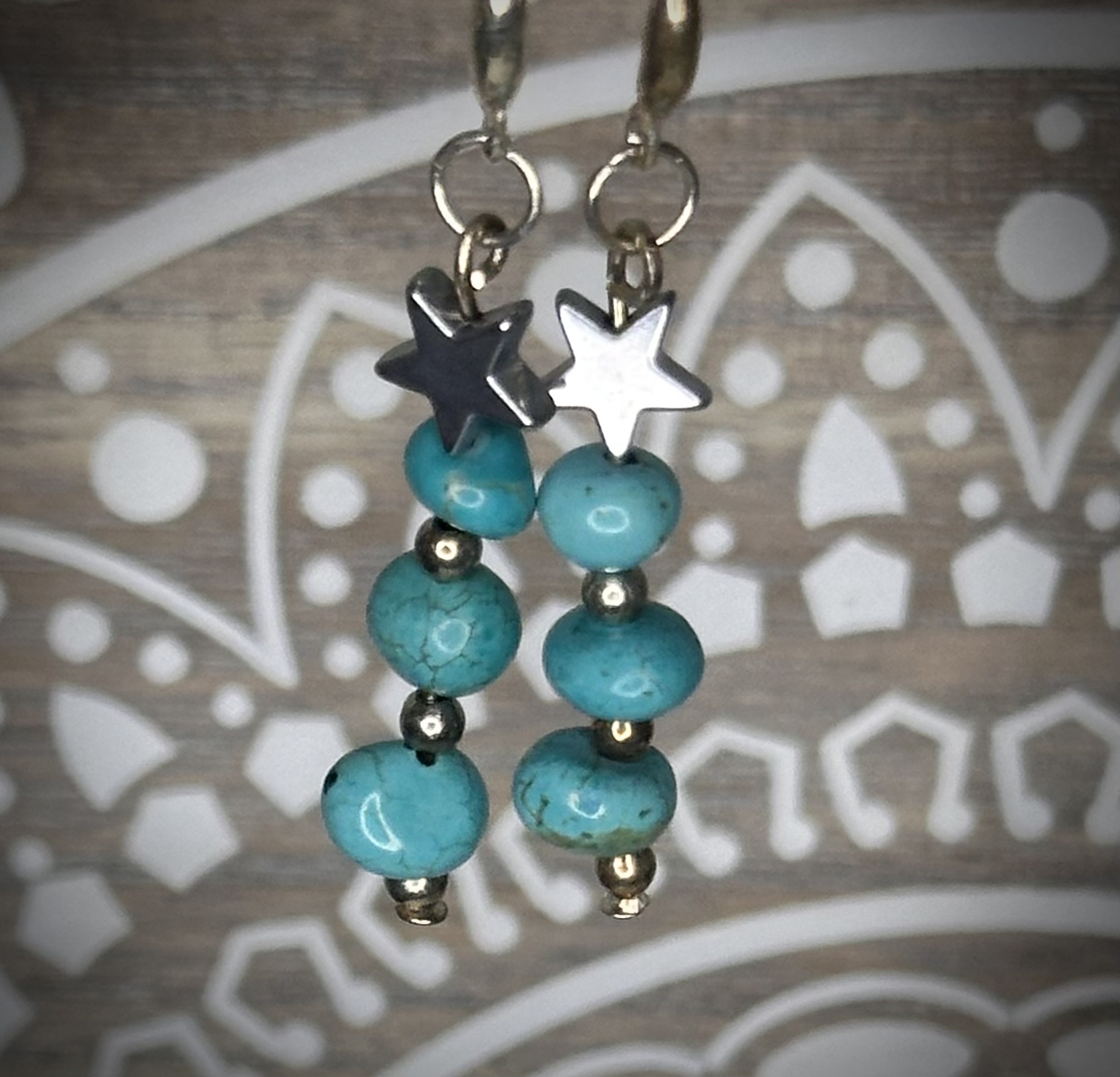 Turquoise nugget earrings with hematite stars and sterling silver balls, 4.5cm drop