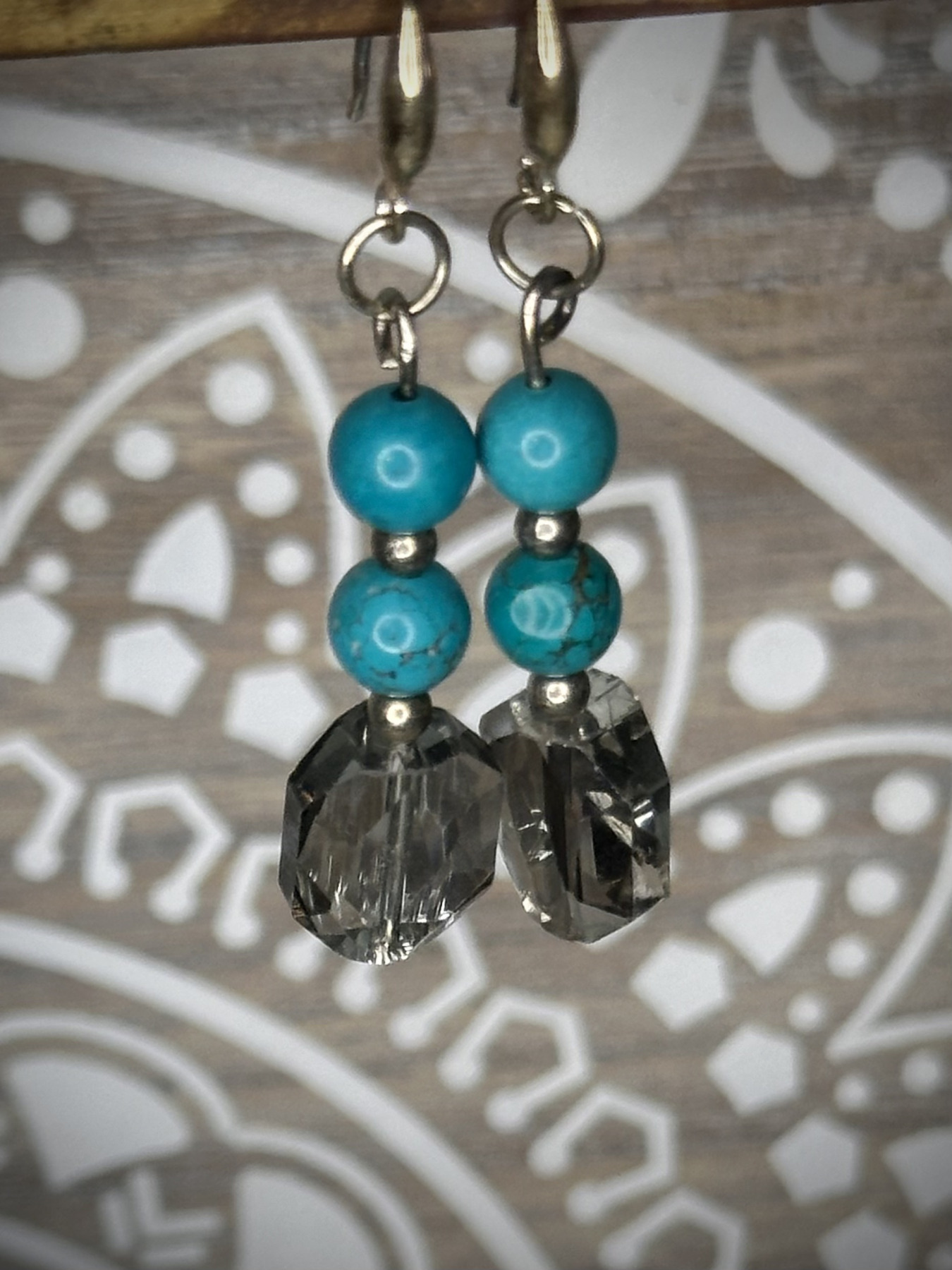 Turquoise and grey crystal earrings on sterling silver earwires, 5cm drop