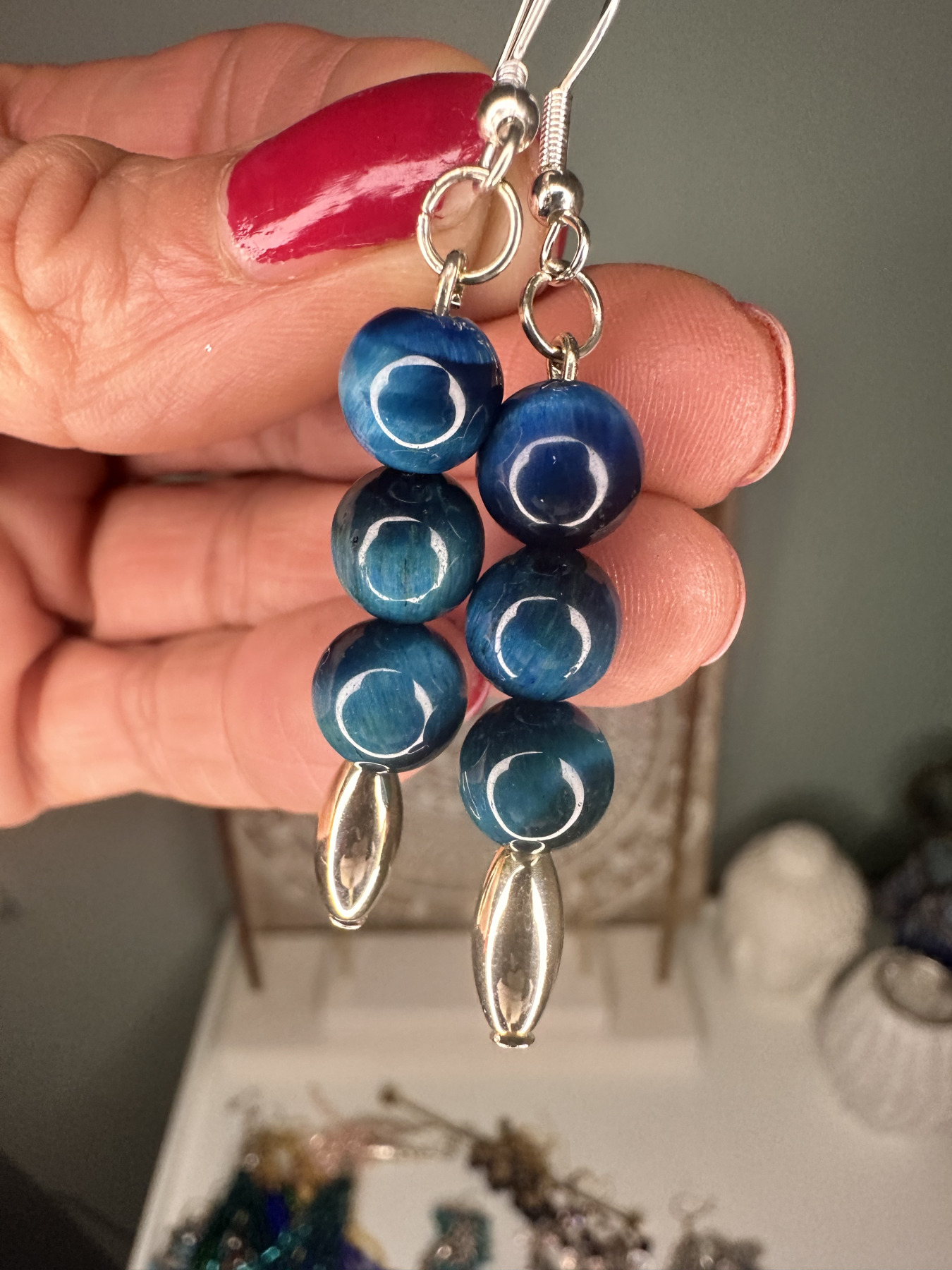 Rockabellasoul Signature Blue Tigers eye triple stack earrings
