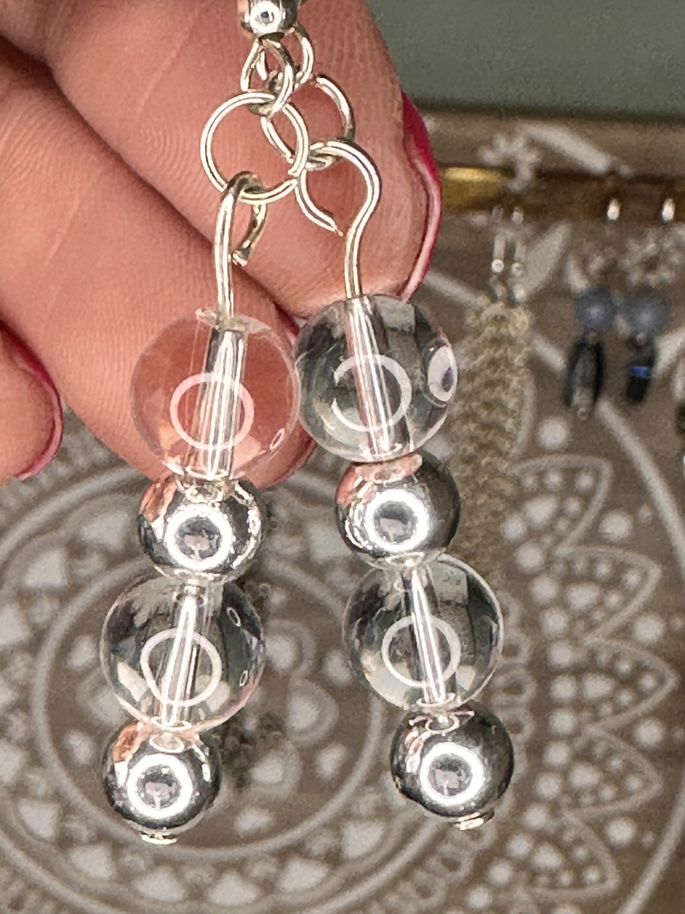 RockabellaSoul Signature Earrings with Clear Quartz – Hematite balls lightweight gemstone jewellery.