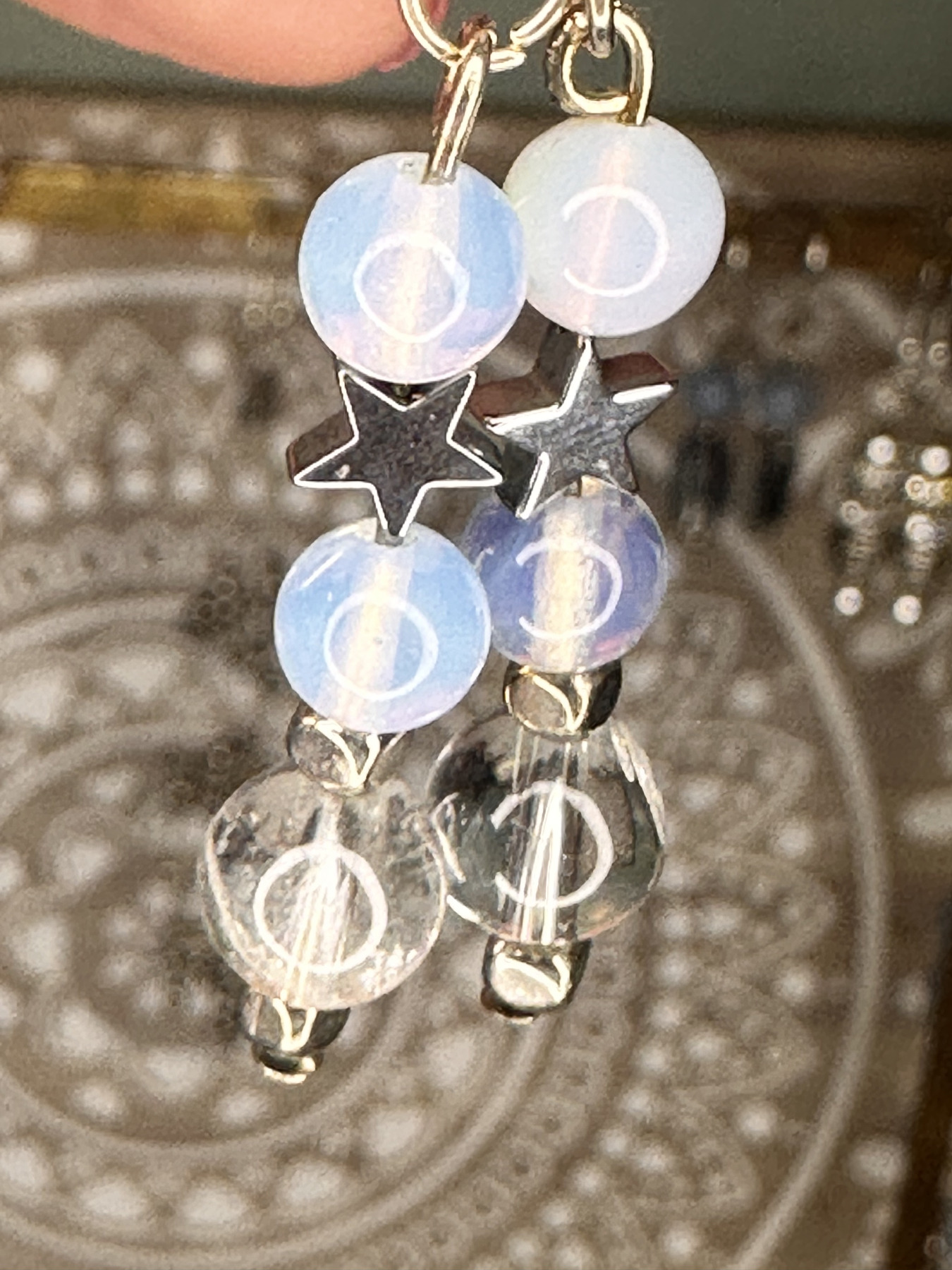 RockabellaSoul Signature Earrings with Moonstone and Clear Quartz – Hematite Stars lightweight gemstone jewellery.Moonstone, hematite