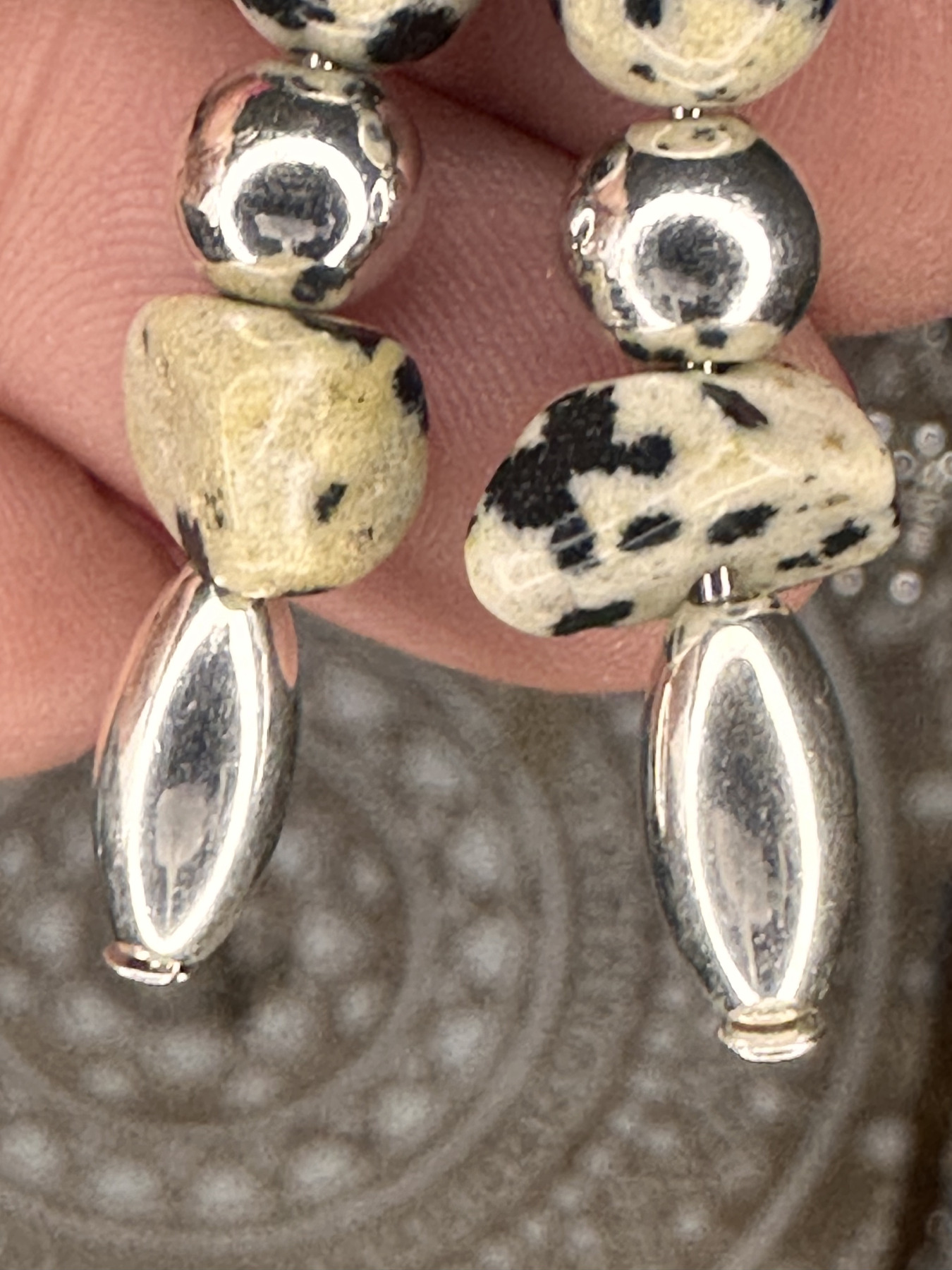 RockabellaSoul Signature Earrings with Dalmation Jasper – Hematite balls lightweight gemstone jewellery. Dalmation hematite