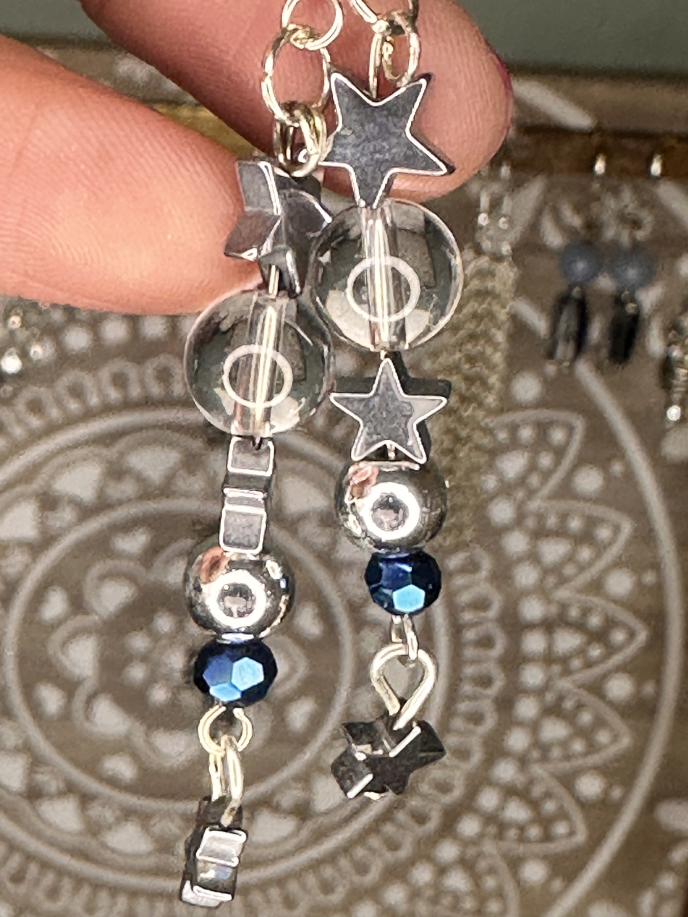 Signature Earrings Silver Hematite Stars and hematite balls with blue hematite balls and quartz crystal on sterling silver earwires