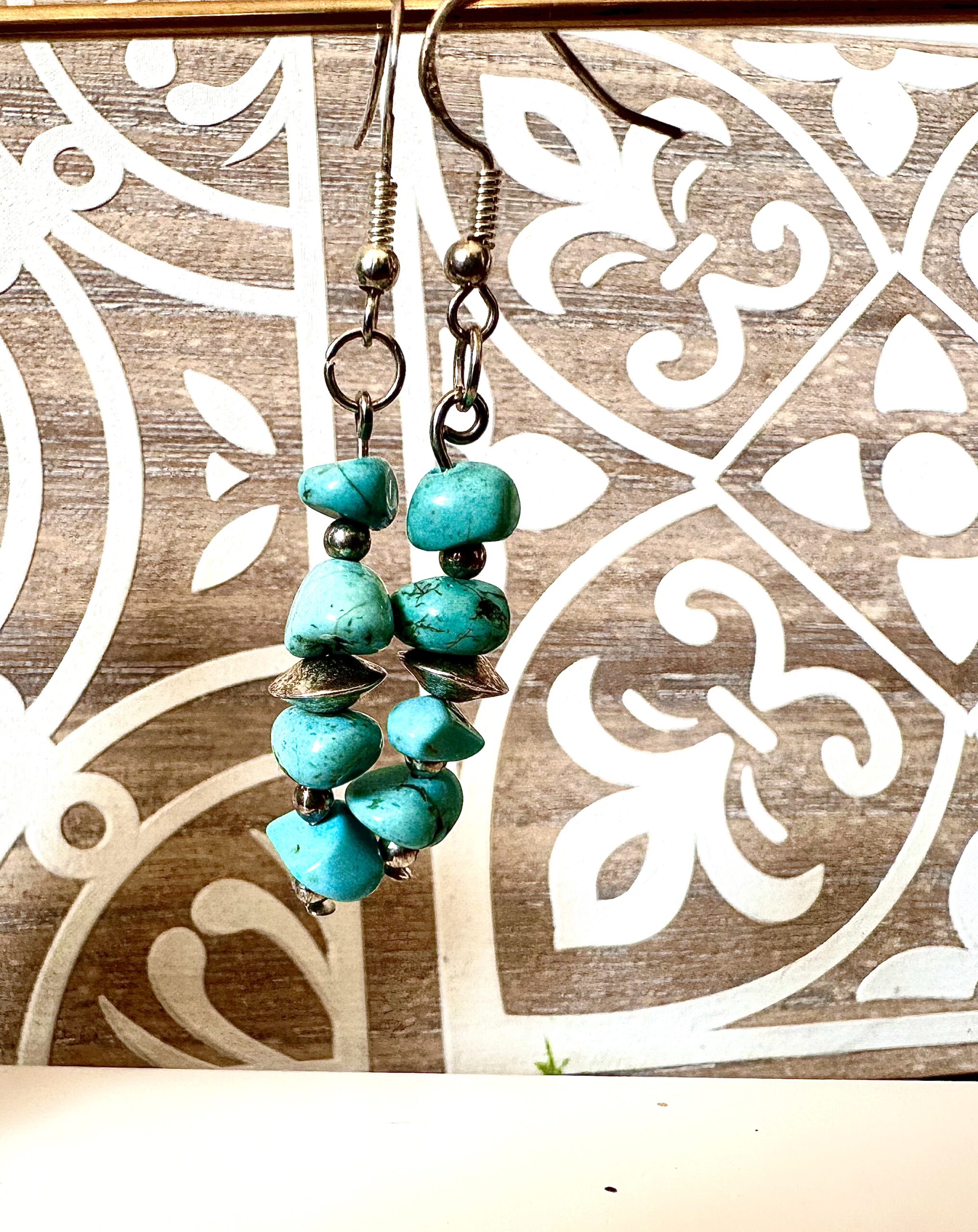 Turquoise nugget earrings with silver discs and sterling earwires, 5cm drop