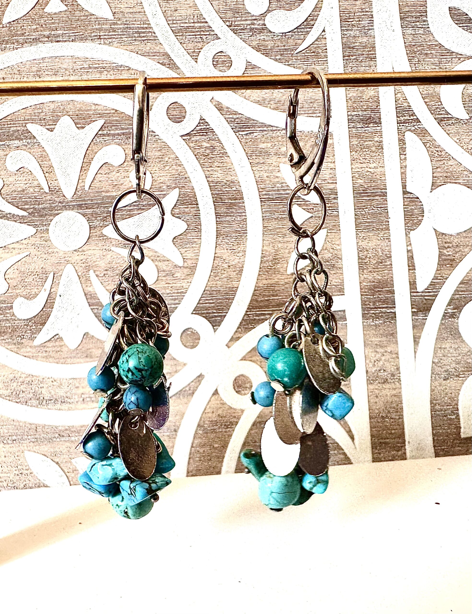 Heavily beaded turquoise earrings with silver discs and sterling earwires, 5cm drop