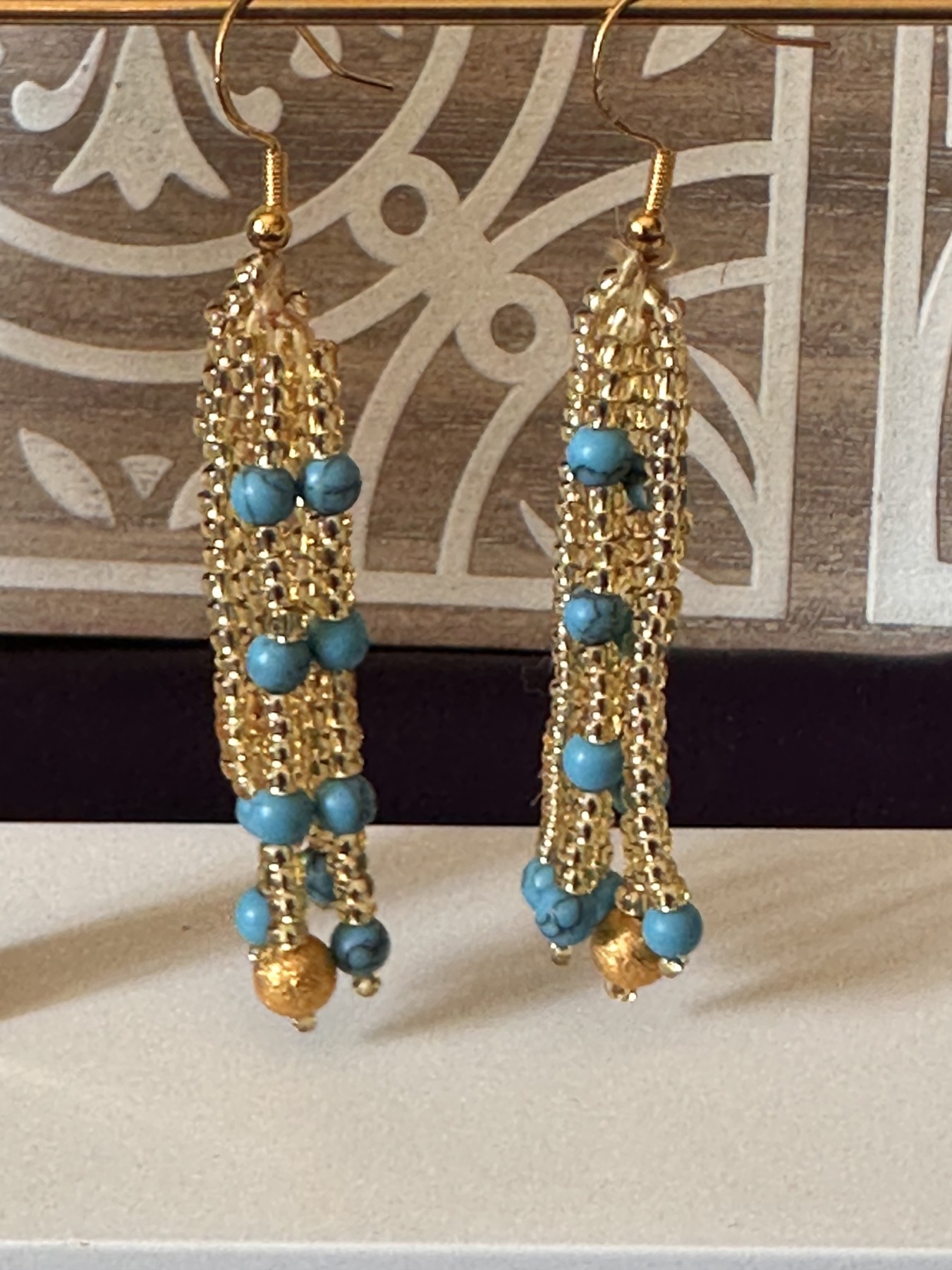 Egyptian Shimmer Turquoise Orbs and Gold Seed Beads Earrings Beads with gold seed beads and gold-tone orb, 7cm drop