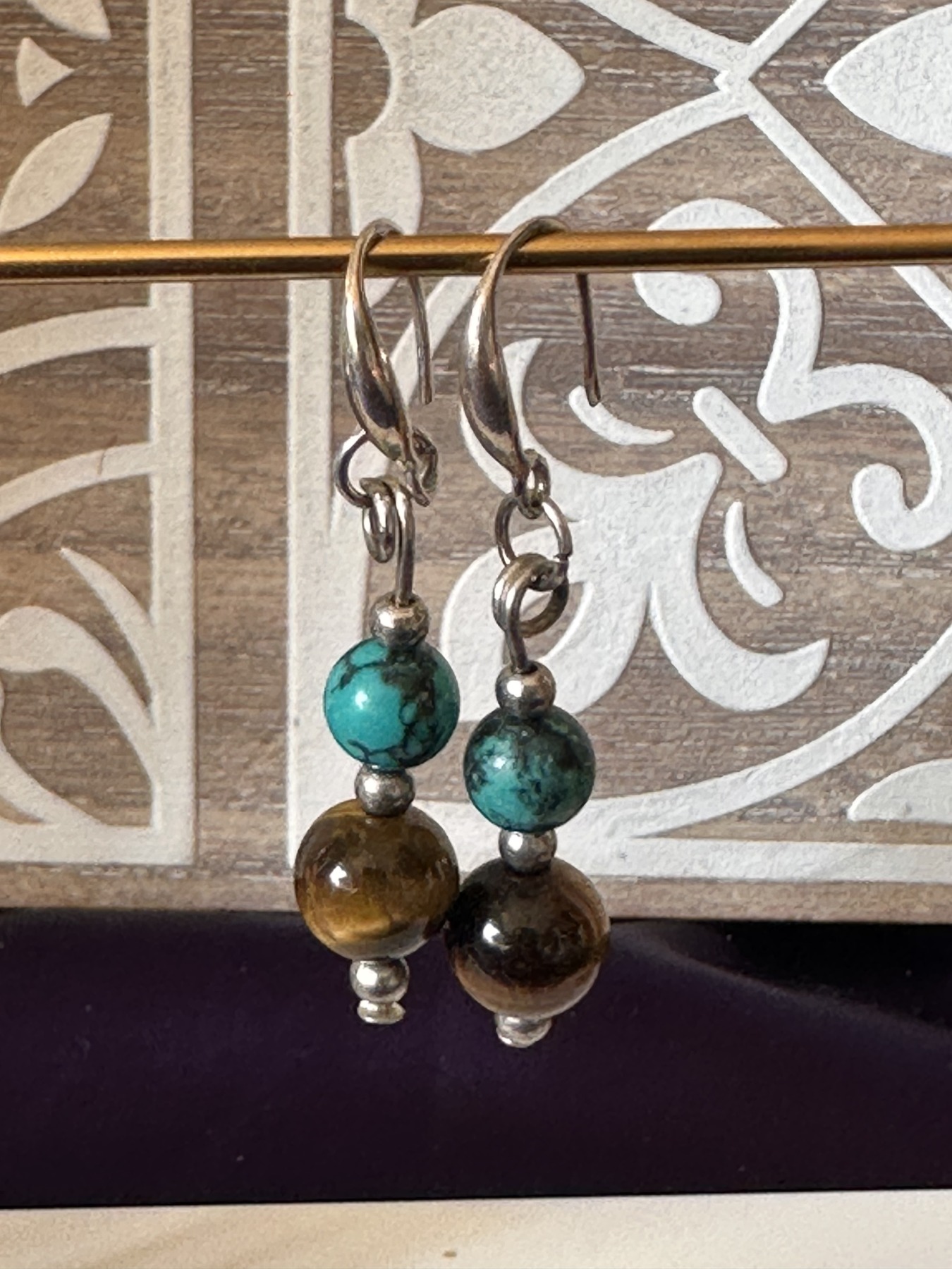 Rockabellasoul Signature Earrings Turquoise and yellow tiger’s eye with sterling silver balls earrings on silver earwires, 4cm drop