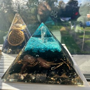 Handmade turquoise and black tourmaline orgonite pyramid 70mm for energy protection and grounding