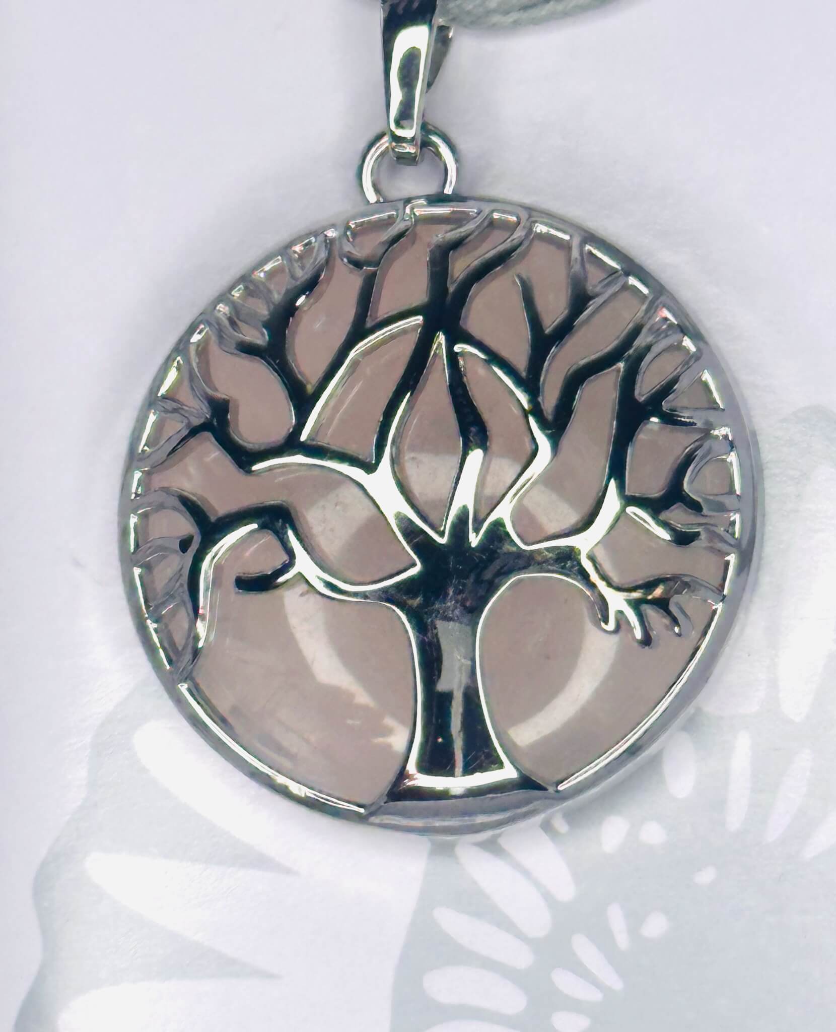 Rose Quartz Tree of Life Chrome plated Pendant