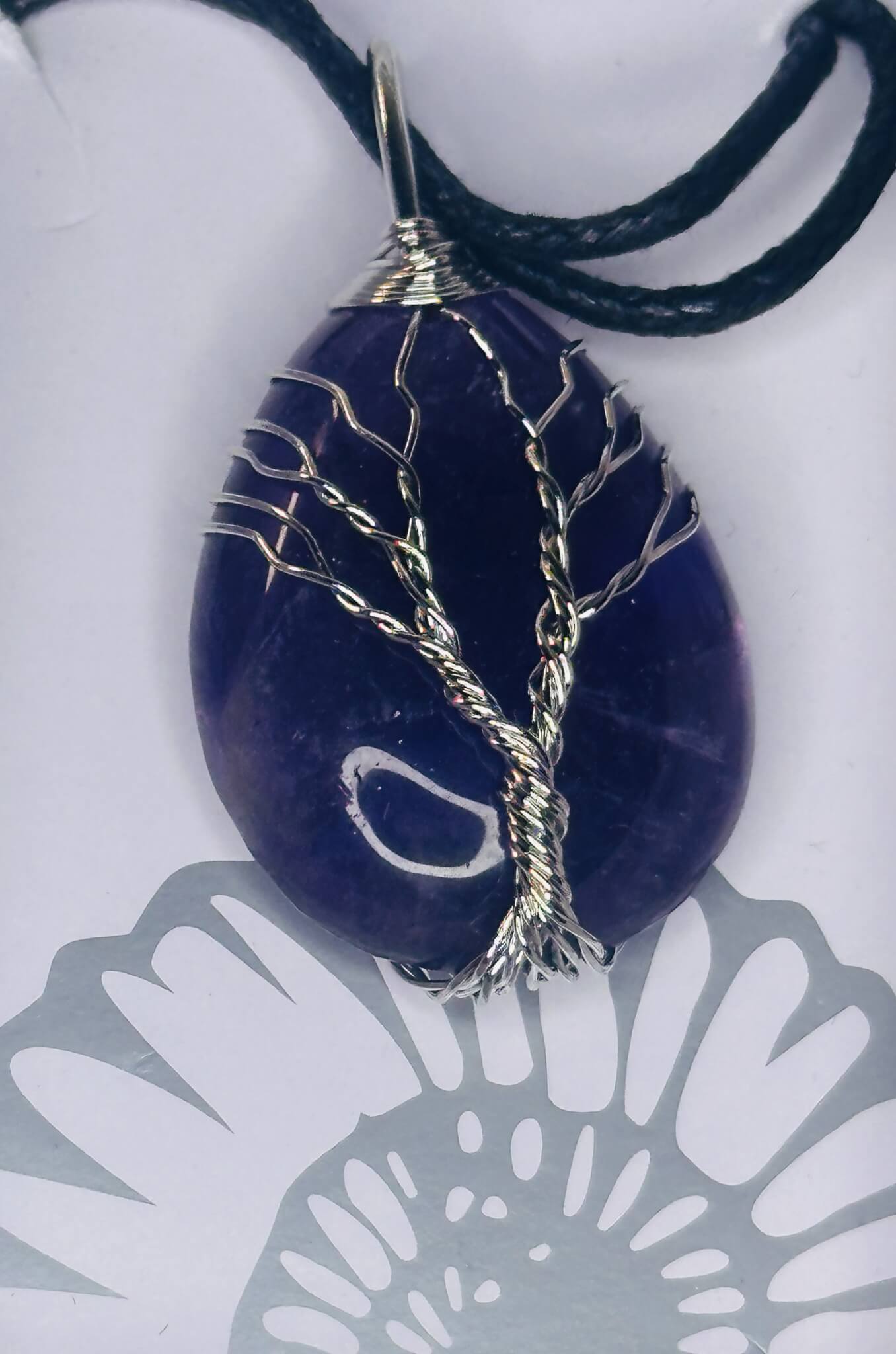 Amethyst Tear drop tree of life pendant on black rope necklace