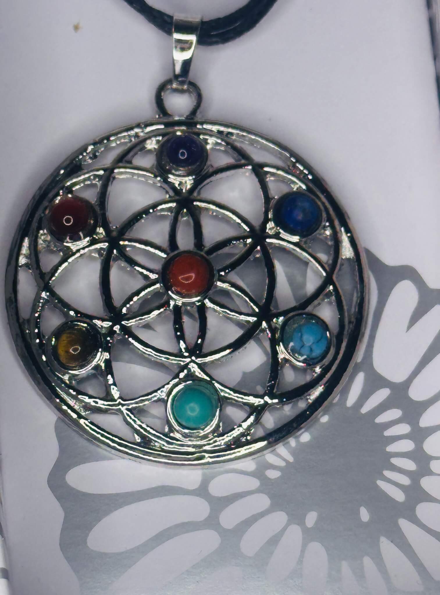 “🌸 Flower of Life chrome-plated pendant with gemstone for chakra balance”