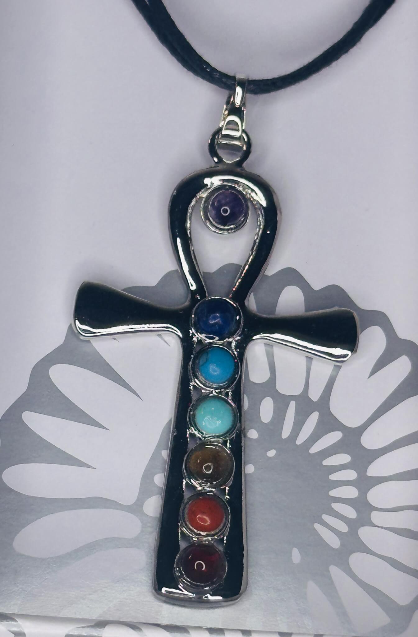 "☀️Ankh Sun Symbol" “💎 Mixed chrome-plated chakra pendants with assorted gemstones”