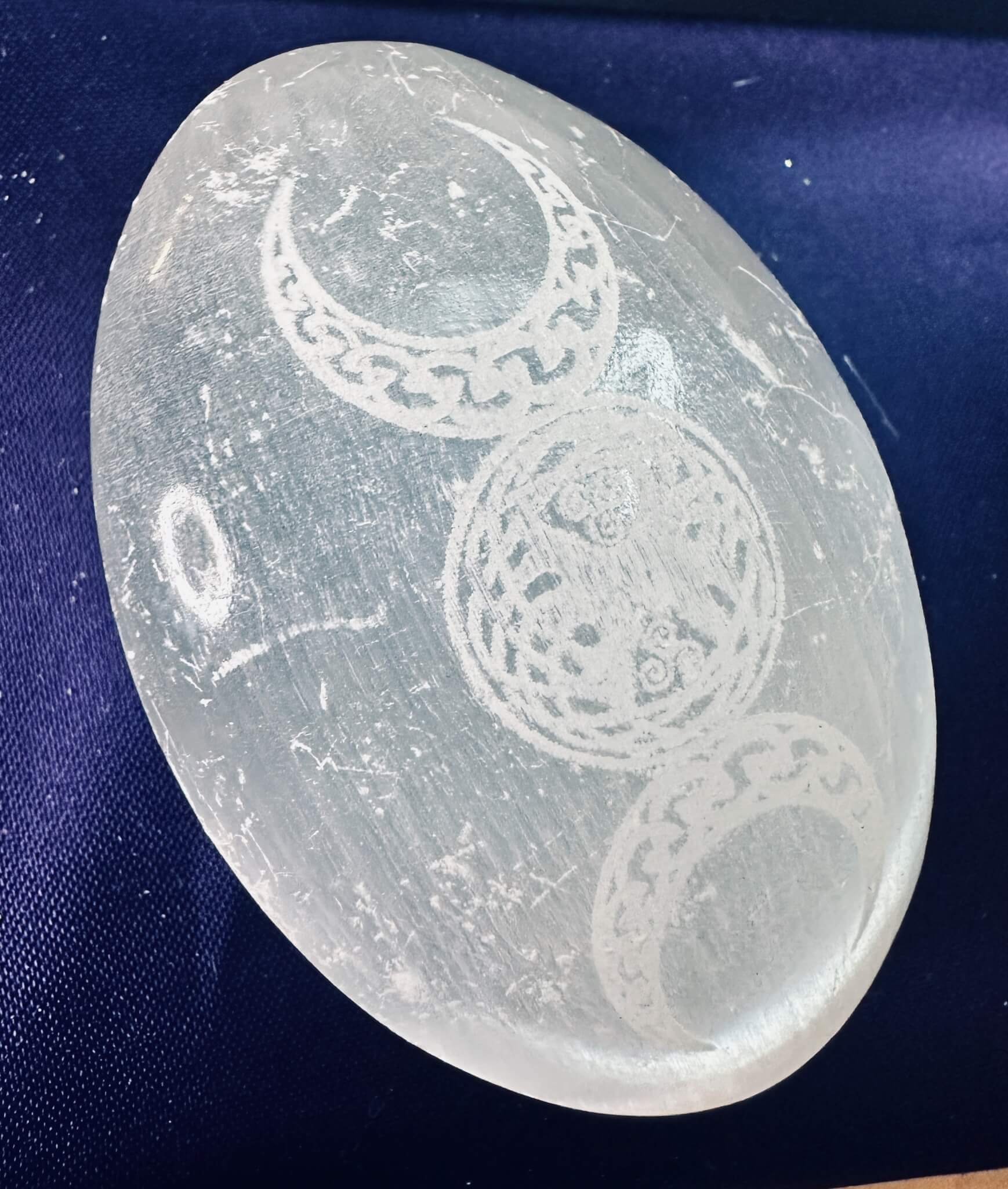 Selenite Palm Stone with Engraved Moon cycle