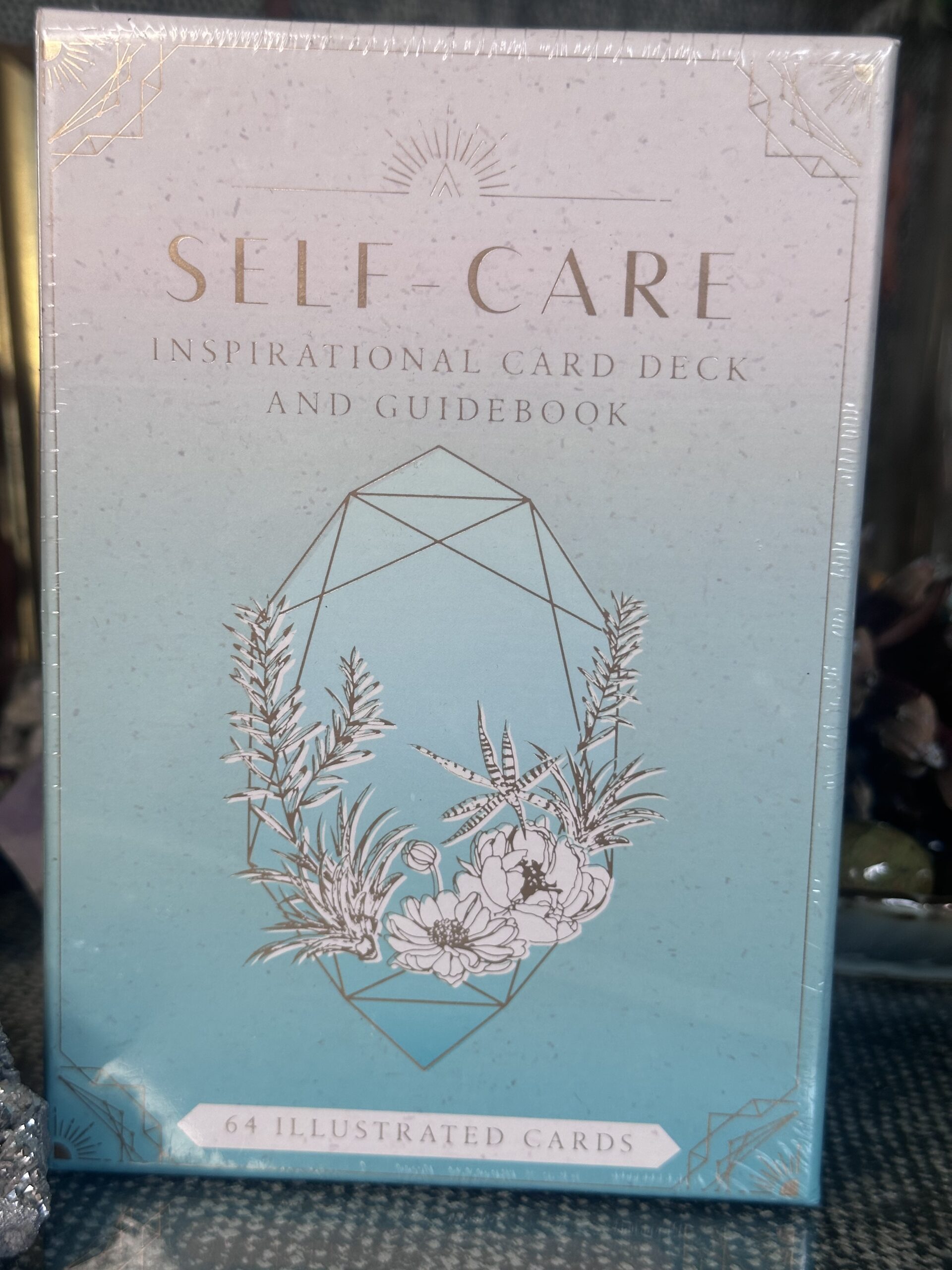 Full-size Self Care inspirational card deck & guidebook featuring calming artwork and uplifting wellness guidance for mindfulness and emotional balance.