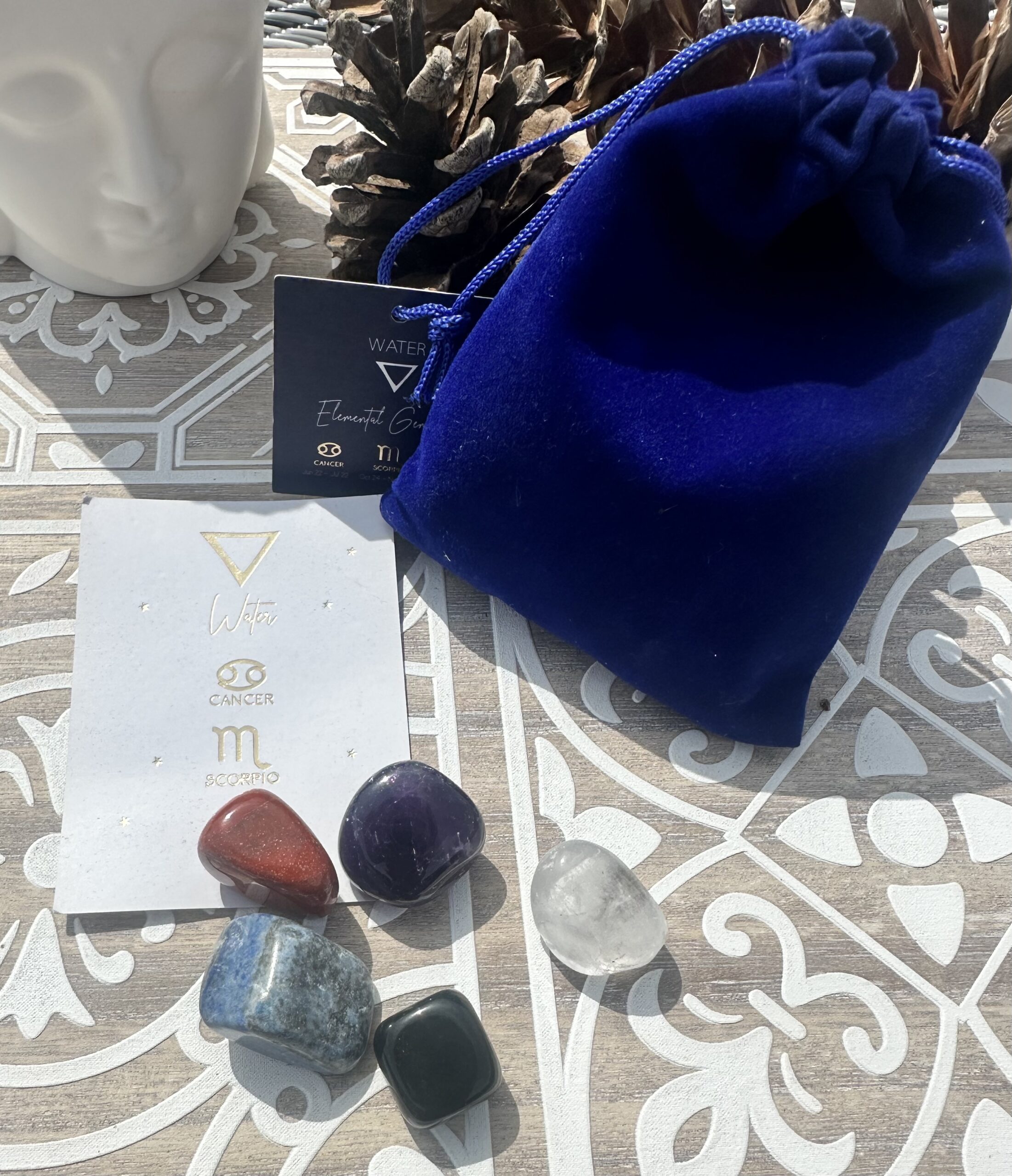 Collection of elemental gemstones inspired by earth, air, fire and water energies