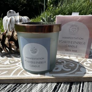 Manifestation candle collection featuring Positive Energy white sage, Gratitude wild rose, Abundance French lavender and Full Moon eucalyptus scented candles for spiritual rituals and mindful living.