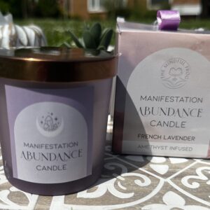 Manifestation candle collection featuring Positive Energy white sage, Gratitude wild rose and Abundance French lavender scented candles for spiritual rituals and mindful living.